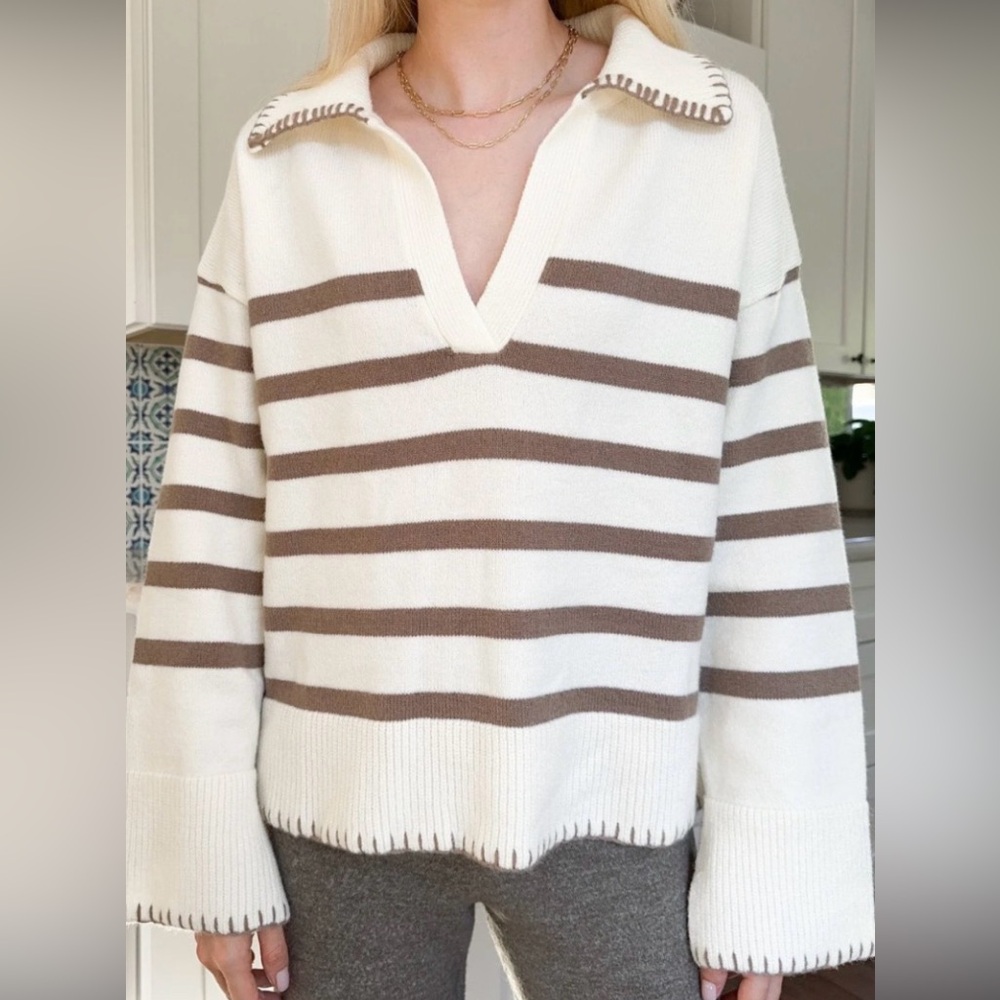 Miou Muse Striped V-Neck Sweater in Cream and Gold